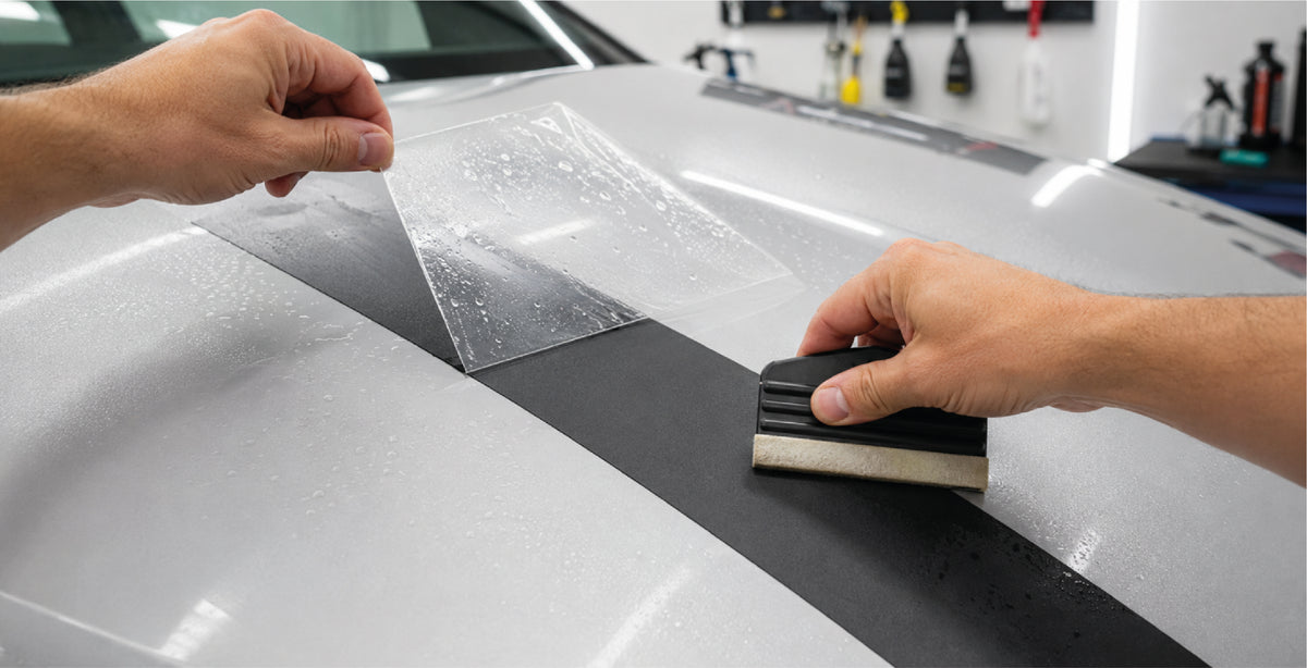 A close-up of a car hood being prepared for vinyl wrap or tinting, with a person's hands peeling back a clear protective film over a black strip on the silver vehicle. A squeegee is held on the hood in a bright garage setting.