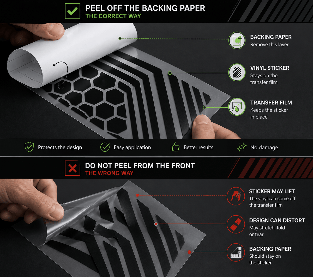 Instruction graphic showing how to peel off the backing paper from a vinyl sticker transfer film, with a top correct demonstration and a bottom incorrect demonstration featuring hands.