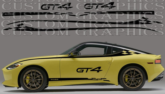 A yellow Nissan Z car with custom vinyl graphics on the side, showcasing the brand's logo and design style.