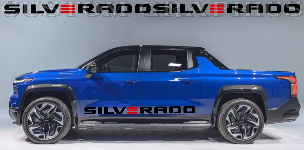 Autocollant en vinyle compatible avec la conception du nom Chevrolet Silverado EV-RST
