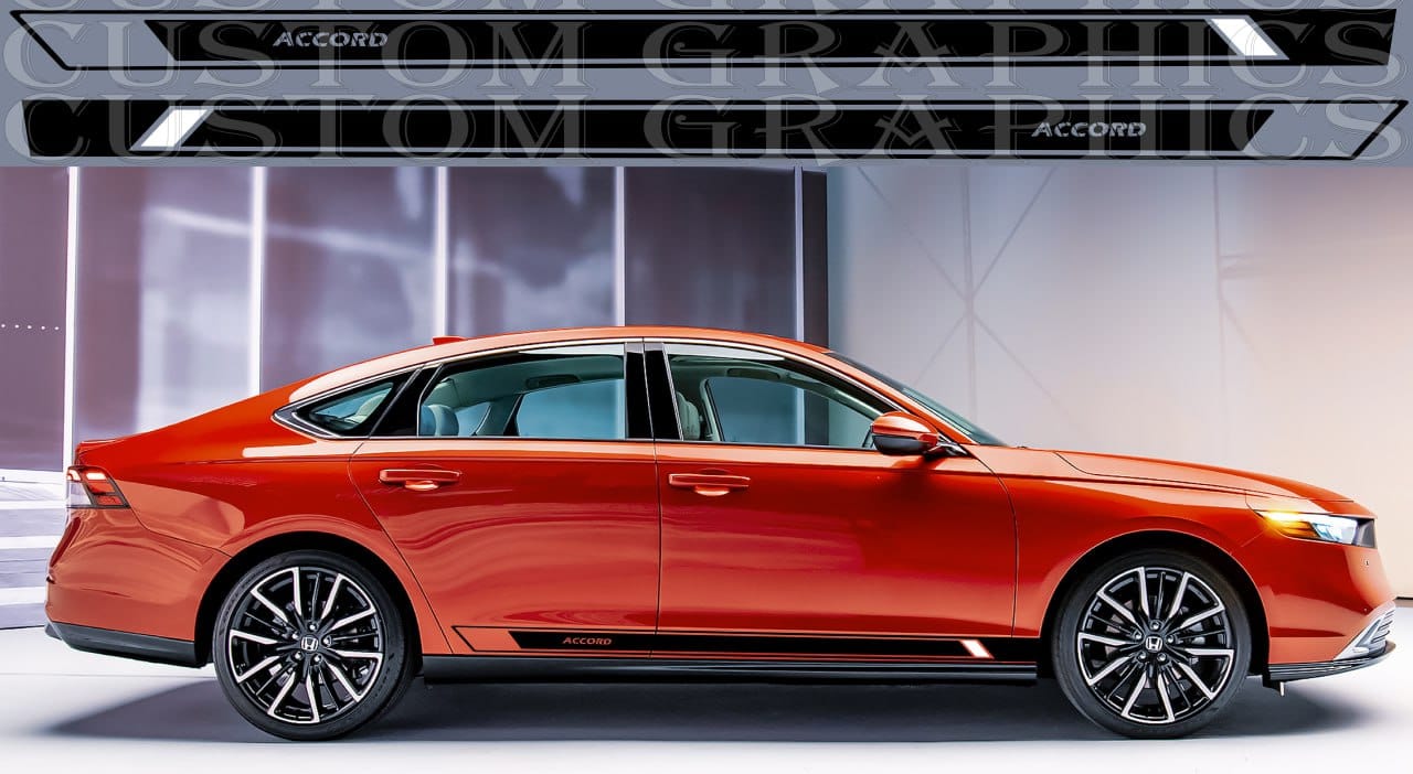 This image features a sleek Honda Accord, showcased in a vibrant red color, highlighting the car's stylish design. The Accord is adorned with a pair of custom-designed vinyl decals that add a distinctive racing stripe style to its body.