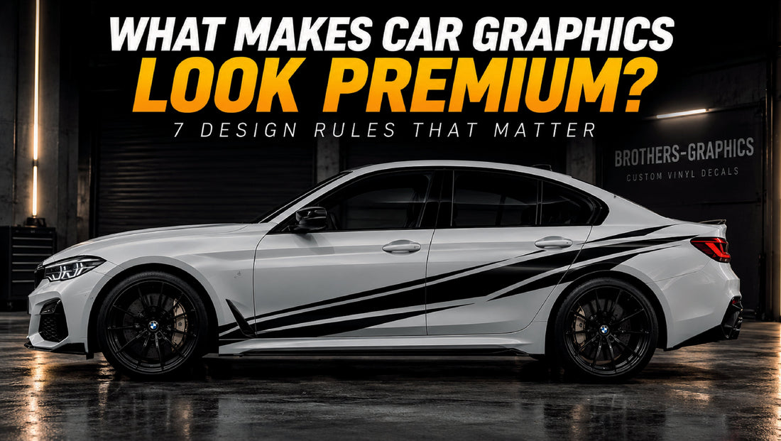 Car with single-color plotter-cut vinyl side graphics demonstrating clean placement, body-line alignment and balanced automotive styling.