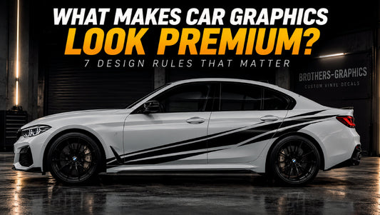 Car with single-color plotter-cut vinyl side graphics demonstrating clean placement, body-line alignment and balanced automotive styling.