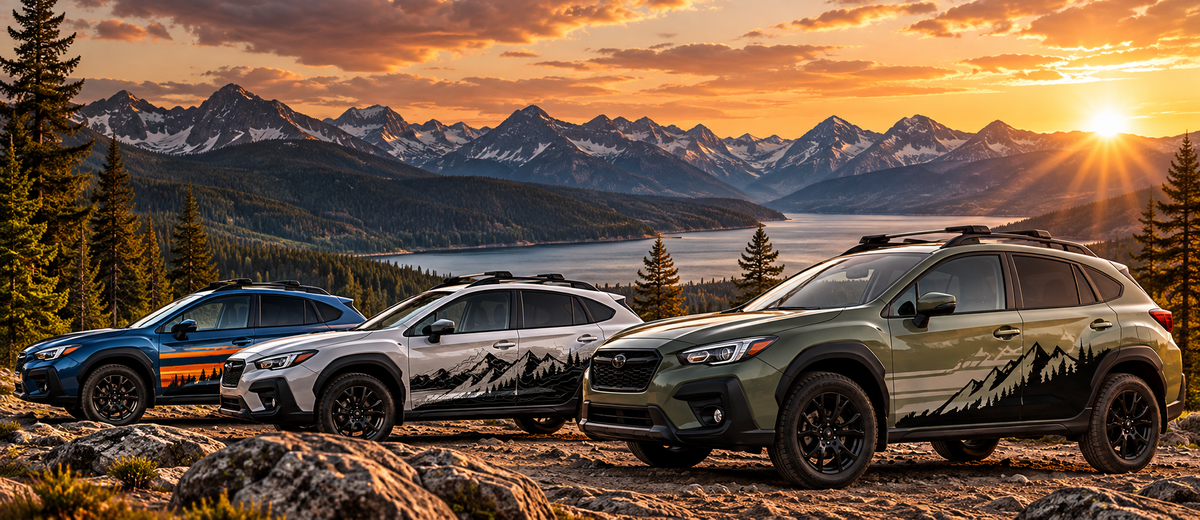 Custom mountain and forest vinyl side decals on rugged crossover SUVs in an outdoor mountain setting