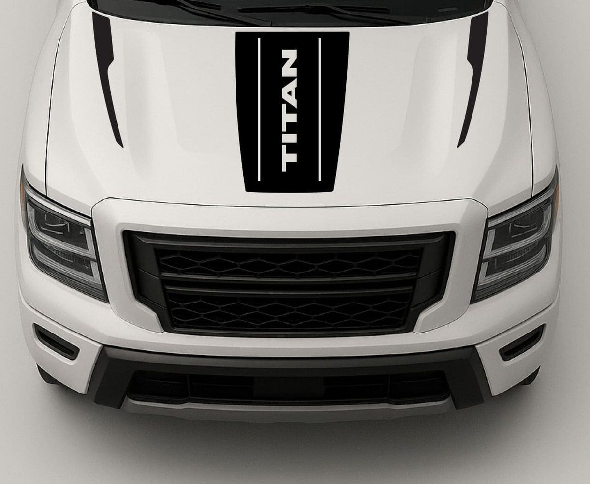 Nissan Titan pickup truck with vinyl decal graphics on side doors