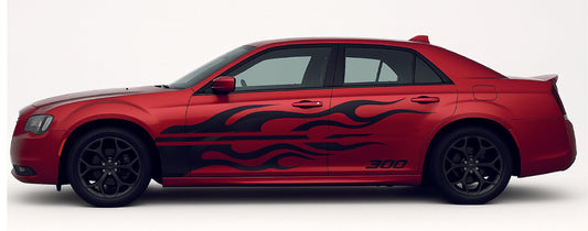 Red car with black flame decals on a white background