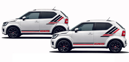 Two white SUVs with black and red 'IGNIS' decals on a white background