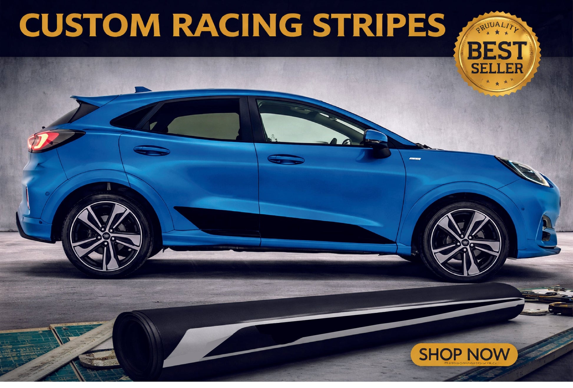 Blue car with custom racing stripes and a roll of vinyl wrap on a gray background.