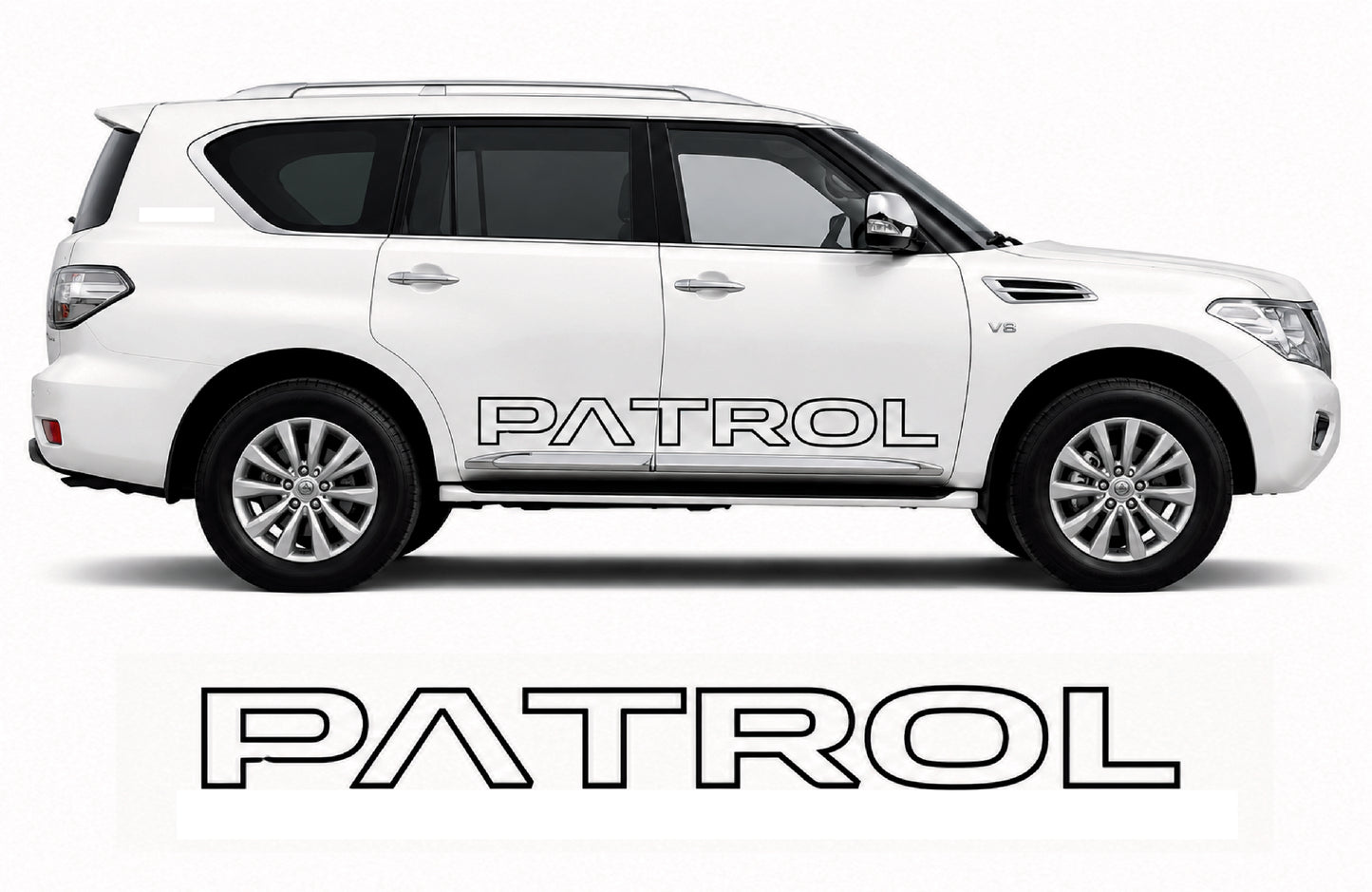 A white SUV shown in side profile on a light gray background, with the word PATROL printed in large black letters along the side and again below the vehicle.