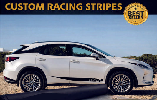 White car with custom racing stripes on a clear day