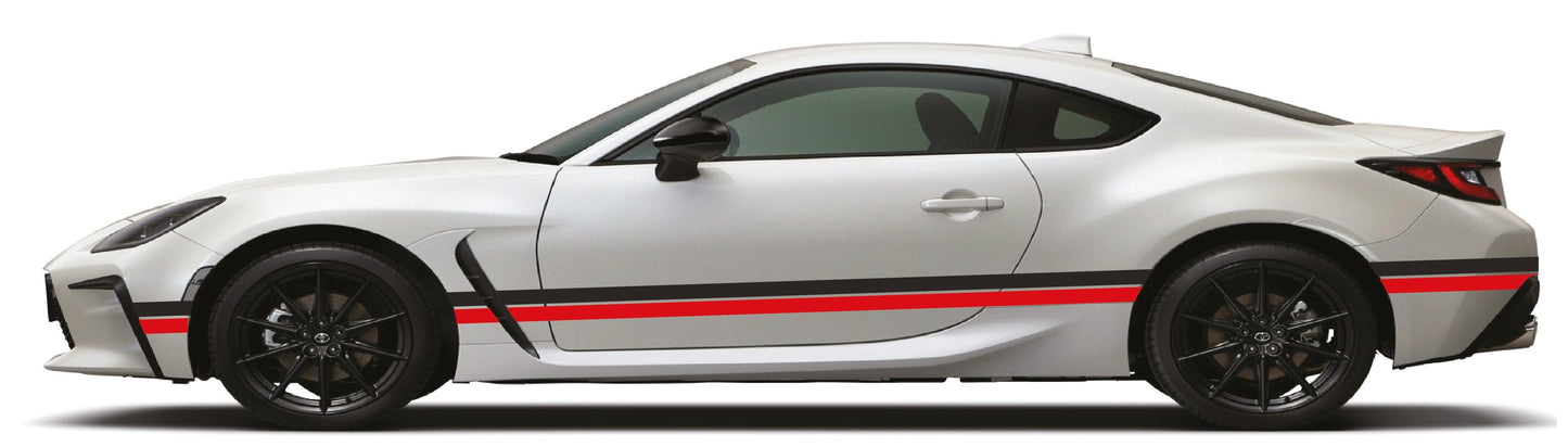 White sports car with red stripes on a white background