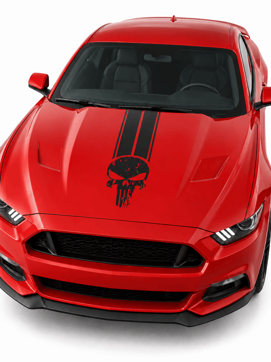 A red sports car shown from a front three-quarter angle on a white background, featuring a black vertical stripe decal running down the hood and a large black skull graphic centered on the hood.