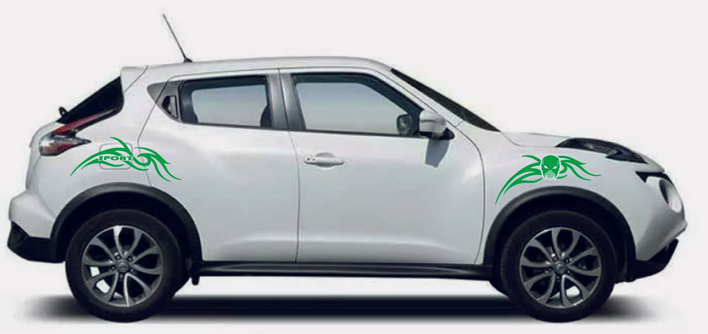 A white Nissan Juke hatchback with green vinyl decals featuring a geometric design.