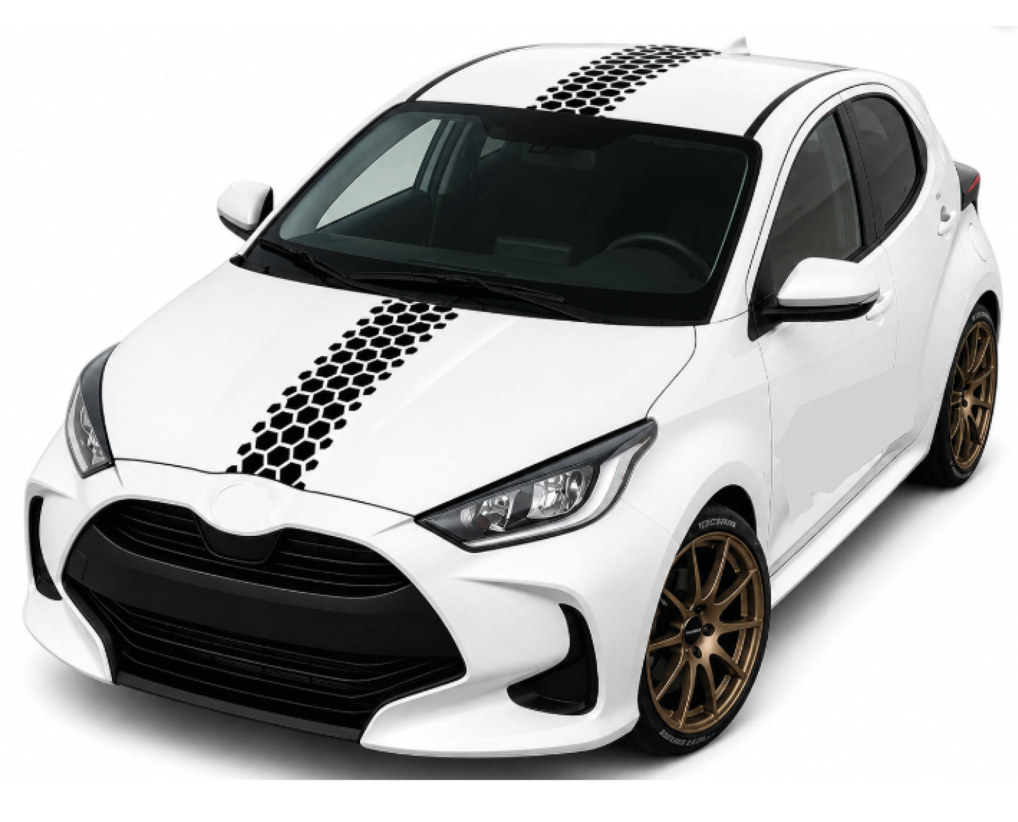 A white hatchback car with black honeycomb-style racing stripes on the hood and roof, shown at a three-quarter angle on a clean white background.