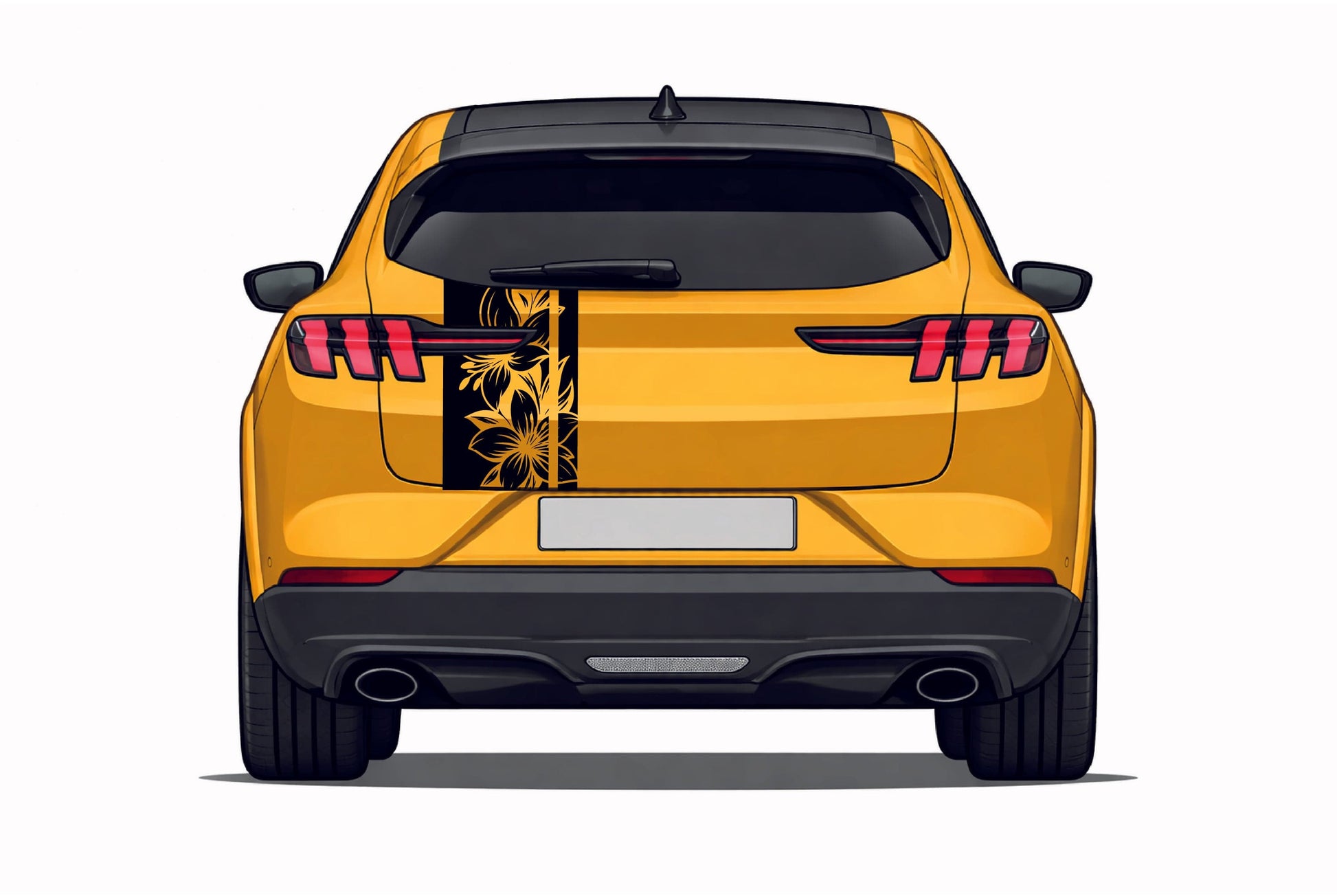 Yellow car with a black and gold design on the back