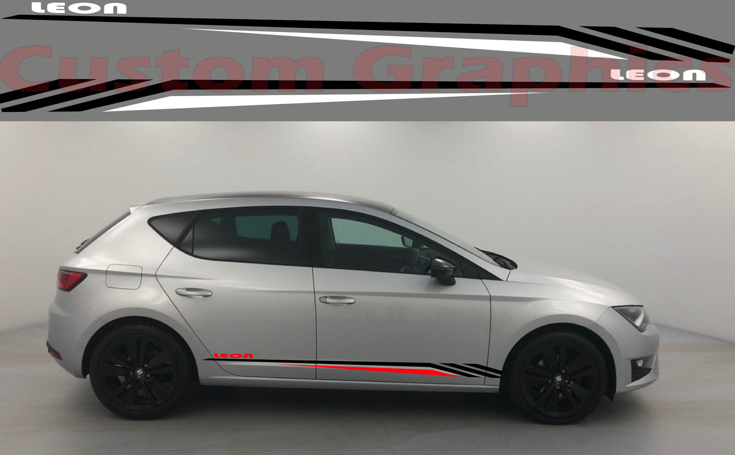A Seat Leon vehicle with a custom vinyl decal design featuring black and white stripes on the side.