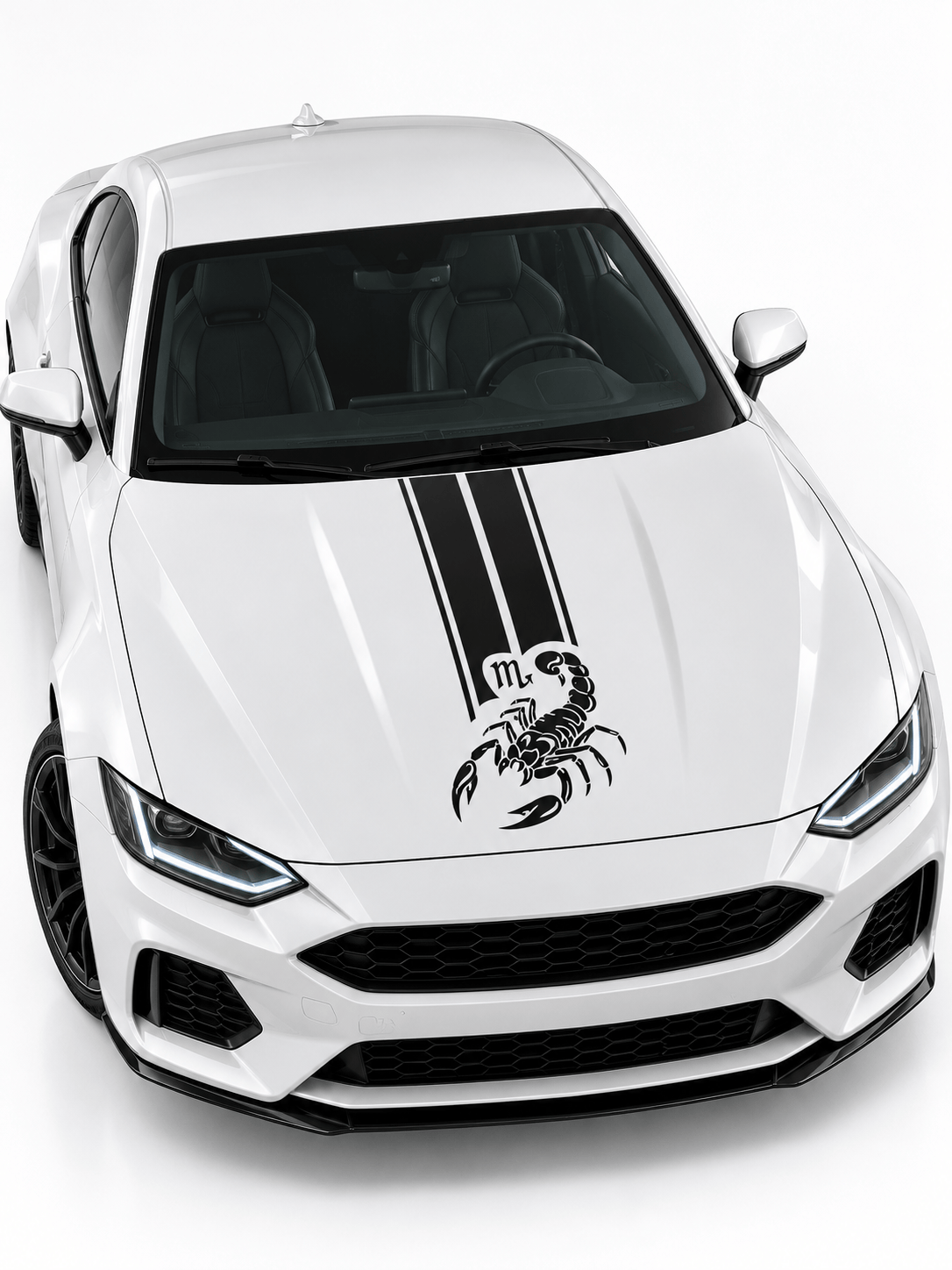 A white sports car shown from a high front angle on a light gray studio background. The hood features two vertical black racing stripes and a black scorpion graphic with the Libra zodiac symbol at the top.