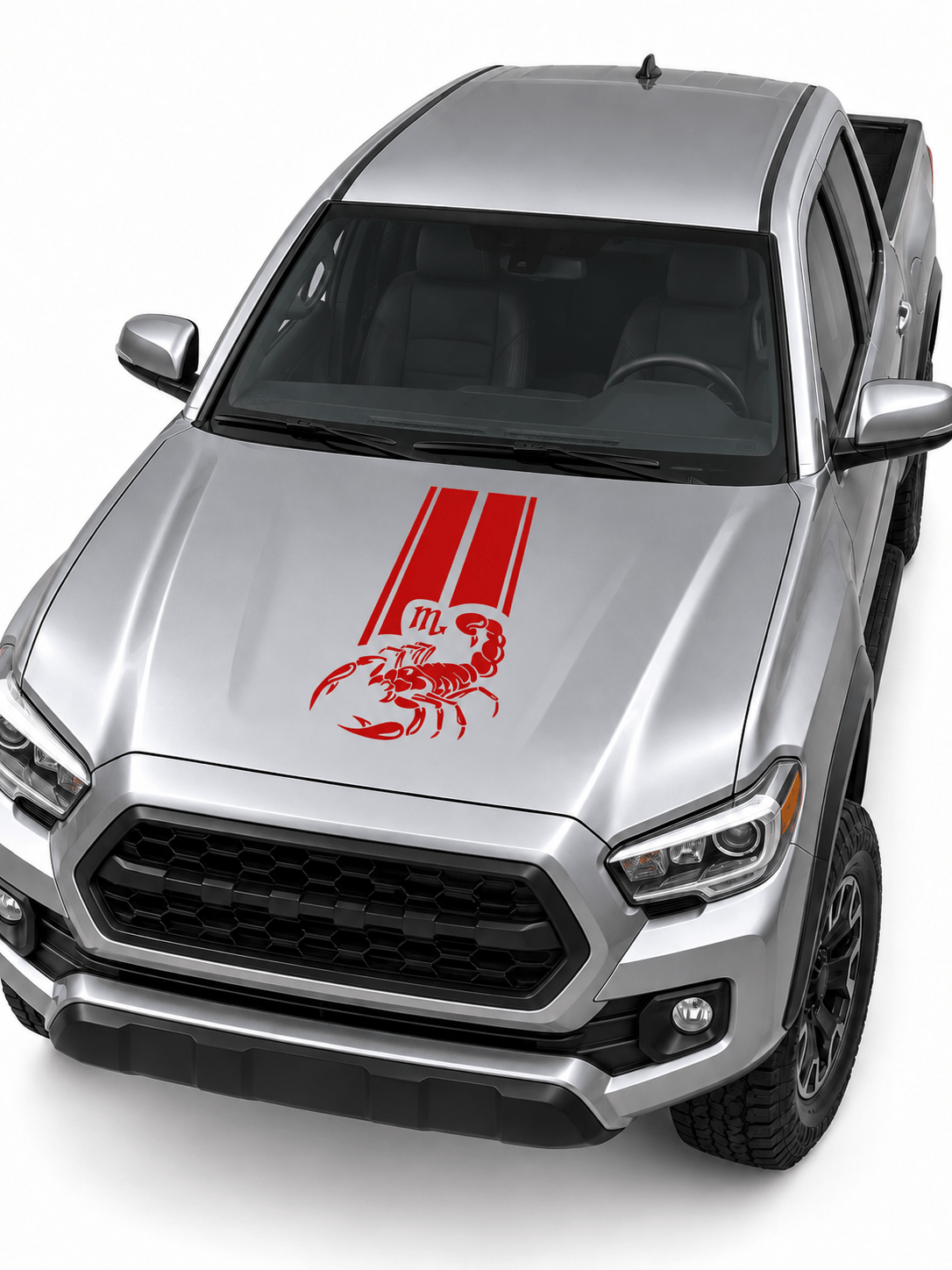 A silver pickup truck shown from a high-angle front view on a white background, featuring a red vinyl decal on the hood with two vertical stripes and a scorpion graphic.