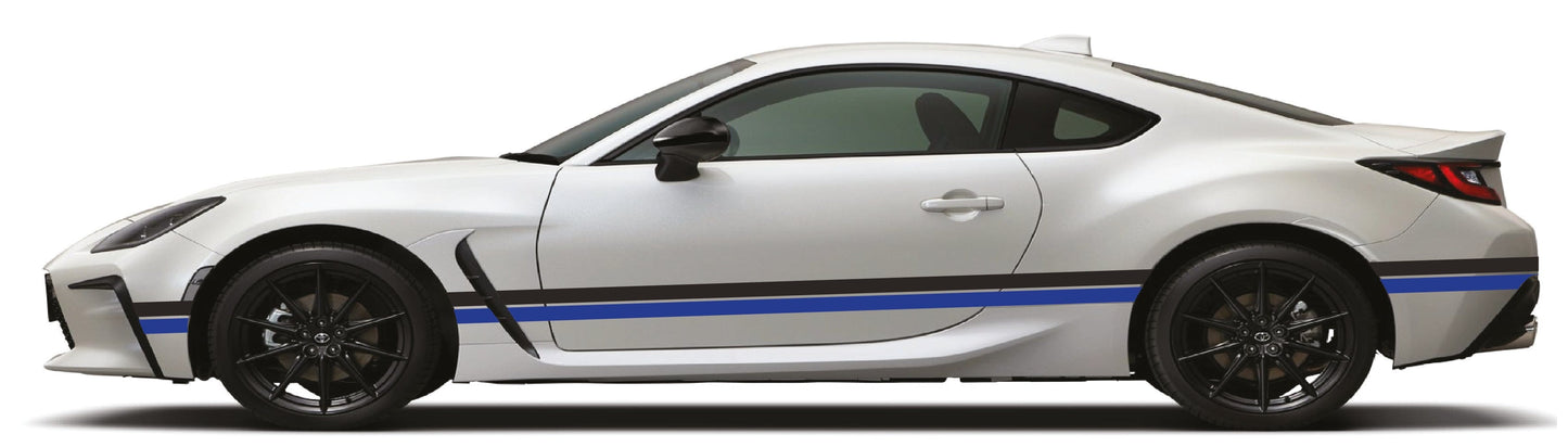 White sports car with blue stripes on a white background