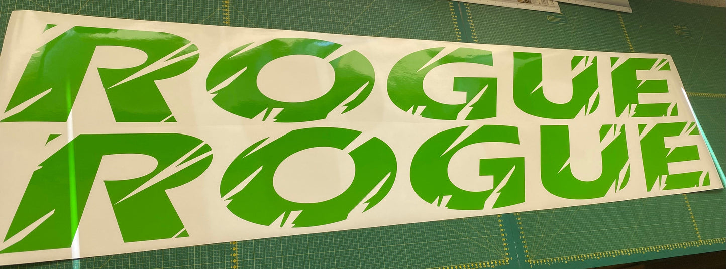 A die-cut vinyl decal sticker for Nissan Rogue with a unique design, predominantly green in color.