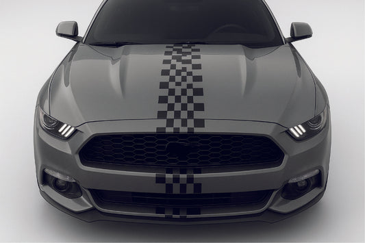 Gray car with black checkered stripe on a white background