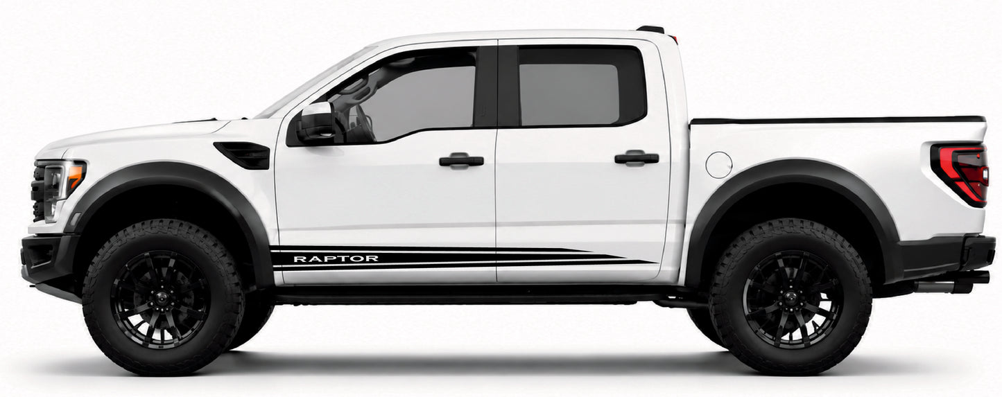 White Ford Raptor truck side view on a white background