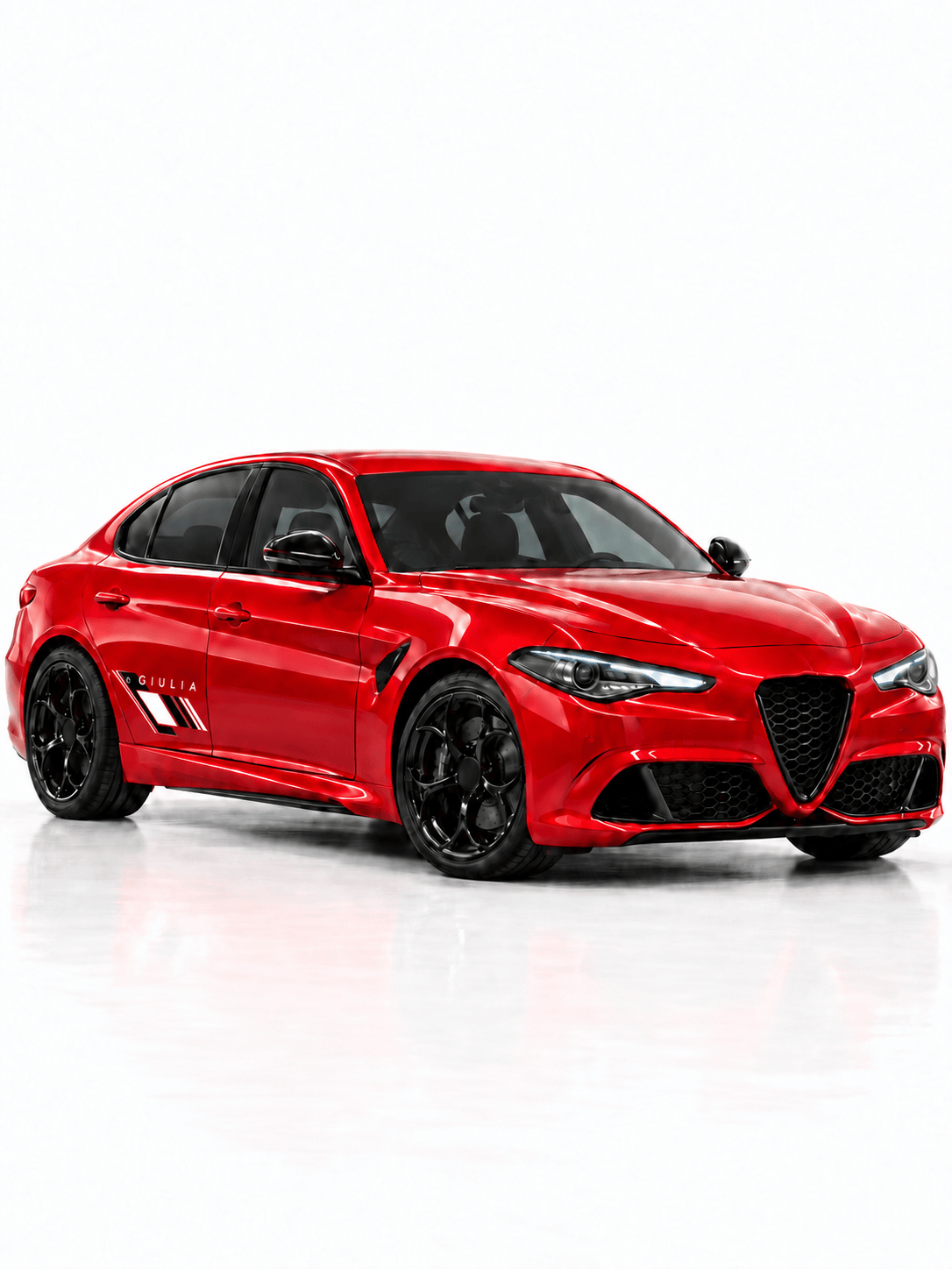 A red Alfa Romeo sedan with black wheels and a black front grille, photographed on a clean white studio background with a faint reflection underneath.