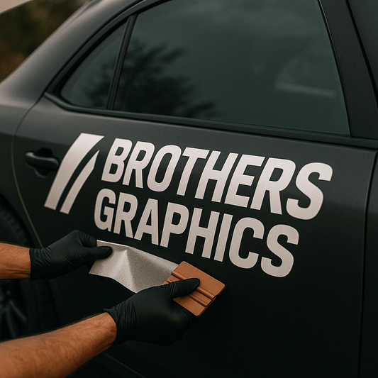 Professional installation of custom vinyl car decals by Brothers Graphics on a vehicle door