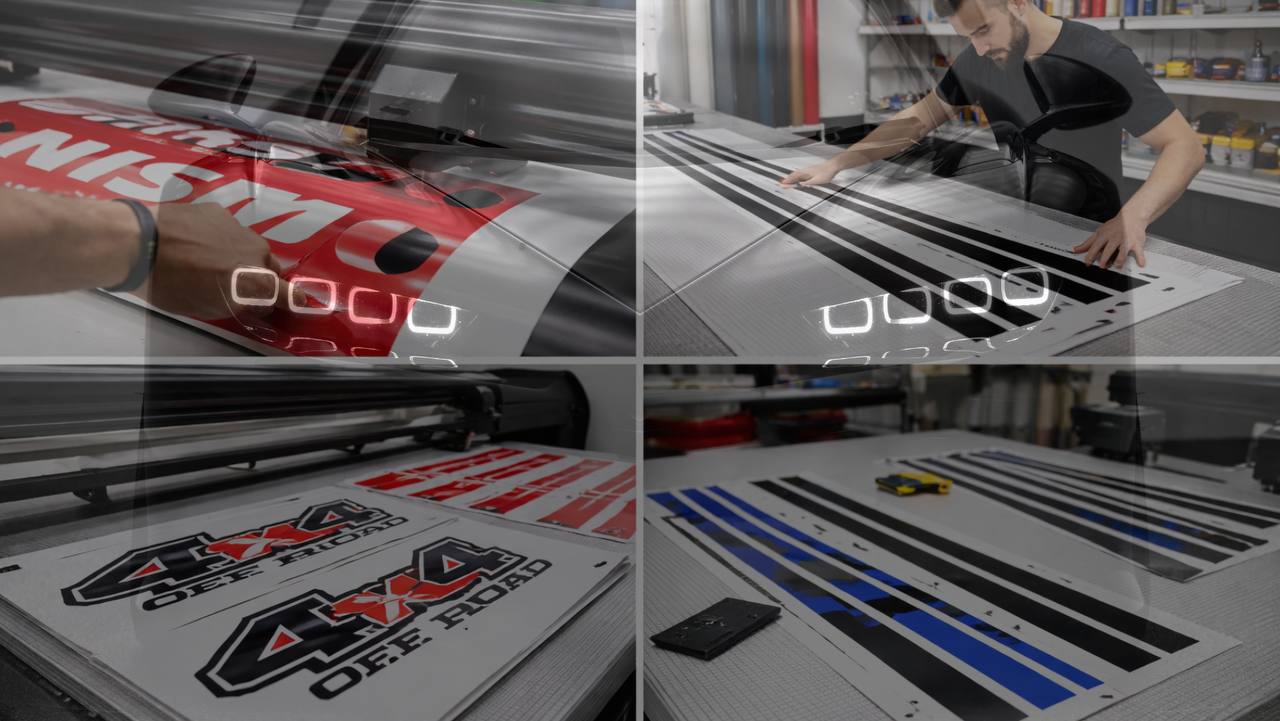 Production of custom vinyl car decals for performance cars and trucks by Brothers Graphics