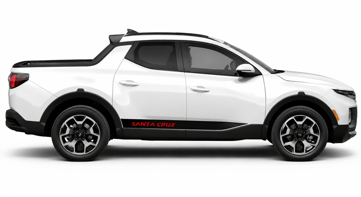 A white Chevrolet Santa Cruz pickup truck shown from a side profile view against a plain white background. The vehicle features black trim, black wheels, and a red 'SANTA CRUZ' logo decal on the side.