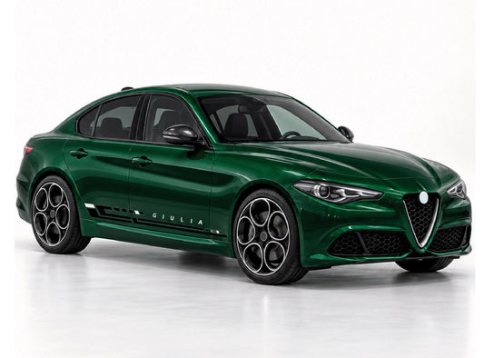 A dark green Alfa Romeo Giulia sedan photographed in a clean studio setting with a white background. The car is shown at a three-quarter front angle, featuring black multi-spoke wheels, dark tinted windows, and the 'GIULIA' model name on the side.