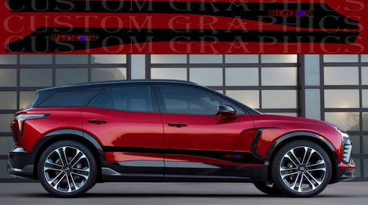 A red Chevrolet Blazer EV suv with custom graphics on the side, showcasing the vehicle's exterior design.