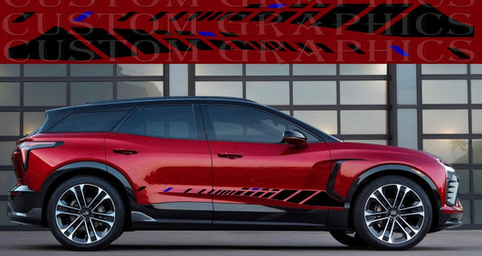 A red Chevrolet Blazer EV suv with custom window stickers applied on the vehicle, showcasing a design that enhances the vehicle's aesthetics.