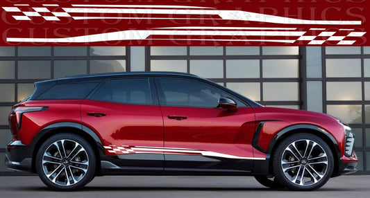 A red Chevrolet Blazer EV SUV with a premium sticker design on the side, showcasing the vehicle's exterior.