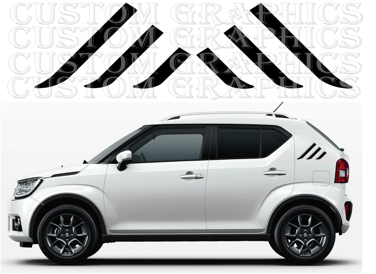 A set of black vinyl decals designed for a Suzuki Ignis car, including side stripes and hood graphics.