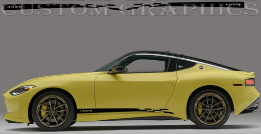 A yellow Nissan Z car with custom graphics decals applied on the side.