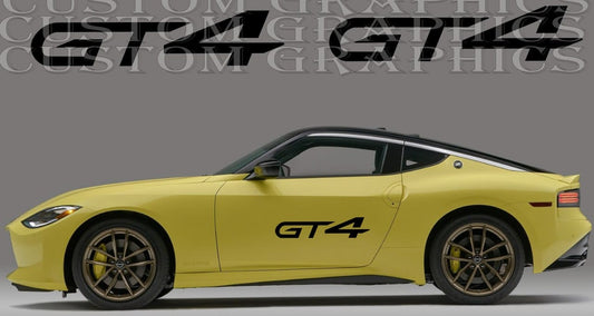 A yellow Nissan Z car with the vinyl decal 'GT4' on the side.
