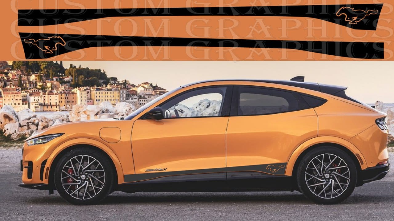 A Ford Mustang Mach E GT 2021 vehicle wrapped in an orange vinyl sticker with a custom graphics logo at the top.