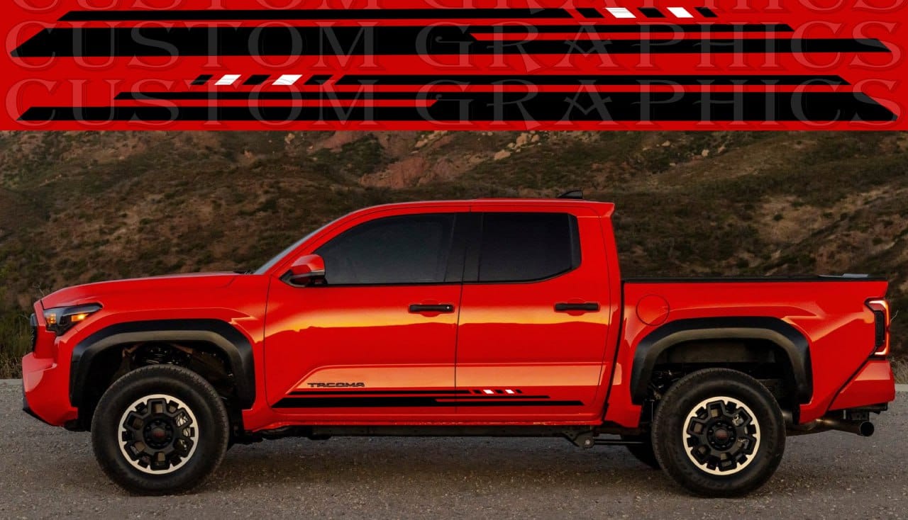 A red Toyota Tacoma truck with a custom decal design on the side, featuring a black and red color scheme with stripes.