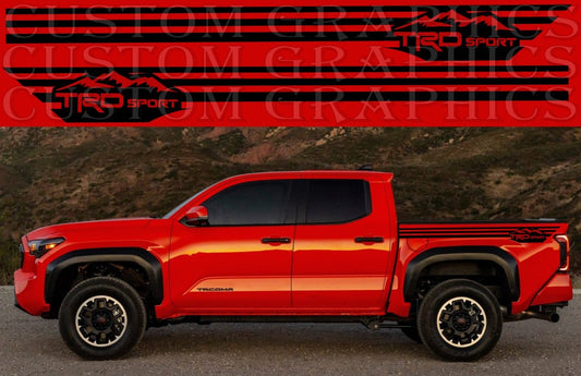 A red Toyota Tacoma pickup truck with a set of custom decals on the side, featuring a bold pattern and the logo of Custom Trucks Graphics.