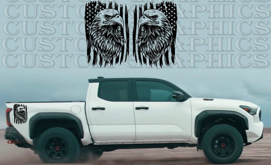 A white Toyota Tacoma truck with a custom decal on the side featuring a skull and wings design, and the brand logo of Custom Truck Graphics.