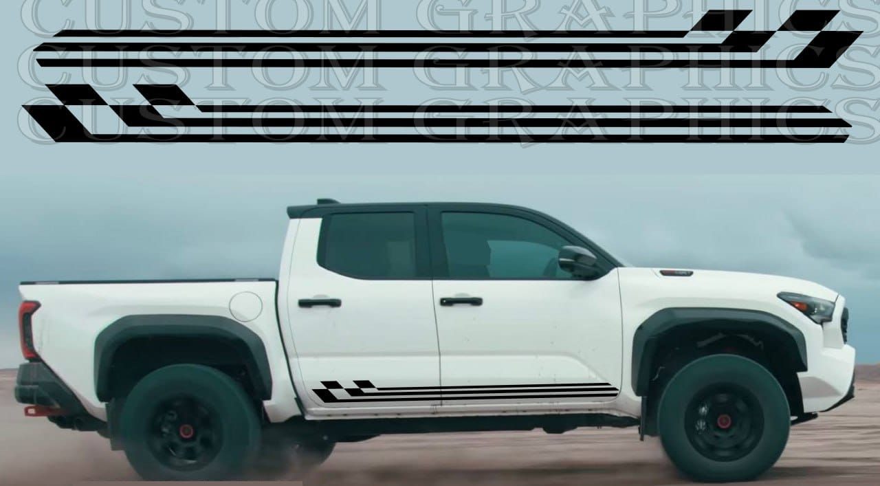 A white Toyota Tacoma pickup truck with a custom decal design on the side, featuring black and gray stripes and the branding 'Brothers Graphics'.