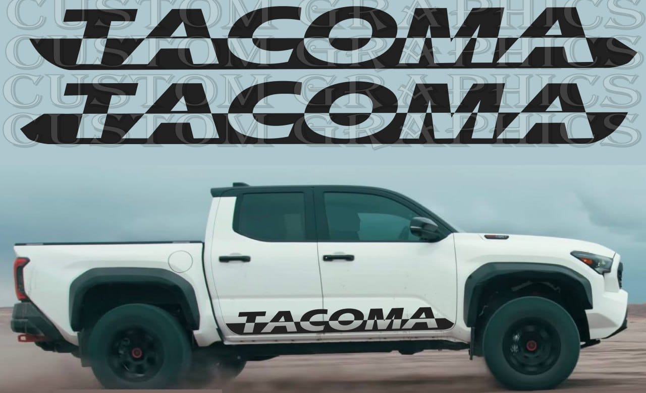 A white Toyota Tacoma pickup truck with a custom decal on the side, featuring the text 'TACOMA' in a bold, black font.