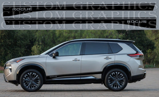 A Nissan Rogue SUV with custom die-cut decal stickers applied on the vehicle's side.