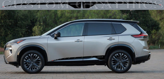 A Nissan Rogue SUV with a set of custom decal stickers applied on the vehicle's side, showcasing a premium vinyl decal product.