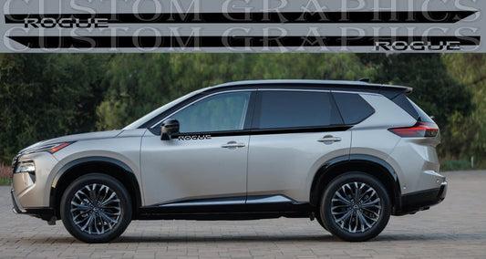 A Nissan Rogue SUV with a set of custom die-cut decal stickers applied on the vehicle's side.