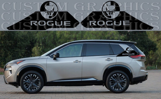 A Nissan Rogue SUV with a custom decal on the rear side, showcasing the vehicle's exterior.
