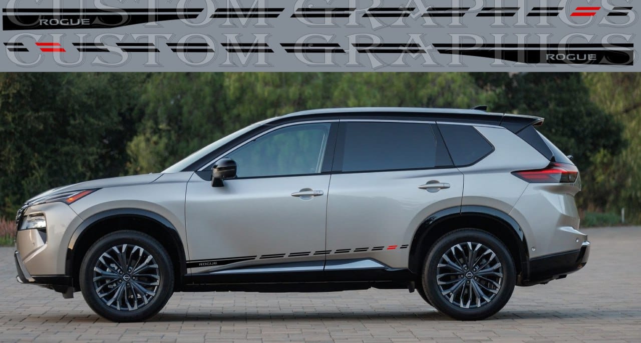 A Nissan Rogue vehicle with a set of premium vinyl decal stickers applied on the side, showcasing a design that enhances the vehicle's aesthetic.