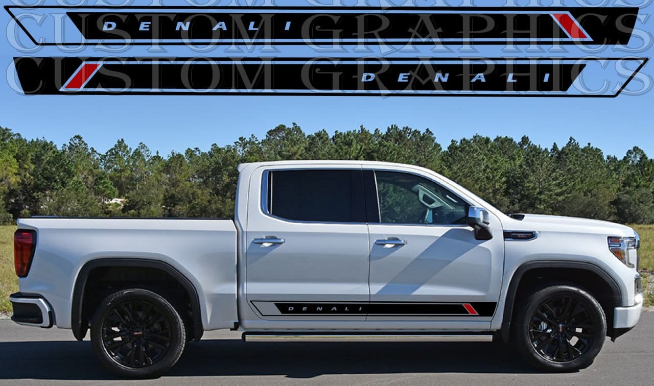A white GMC Sierra truck with a premium vinyl sticker decal from Brothers-Graphics on the side.