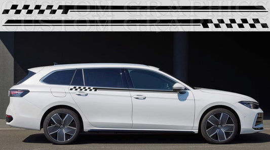 A white VW Passat wagon with a set of premium vinyl stickers applied on the side, featuring a black and white checkered design.